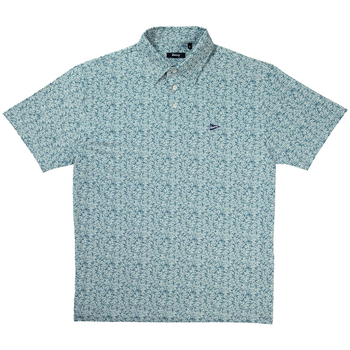 Breezy men’s performance polo in white and green leaf print displayed flat with short sleeves, button placket, and chest logo.