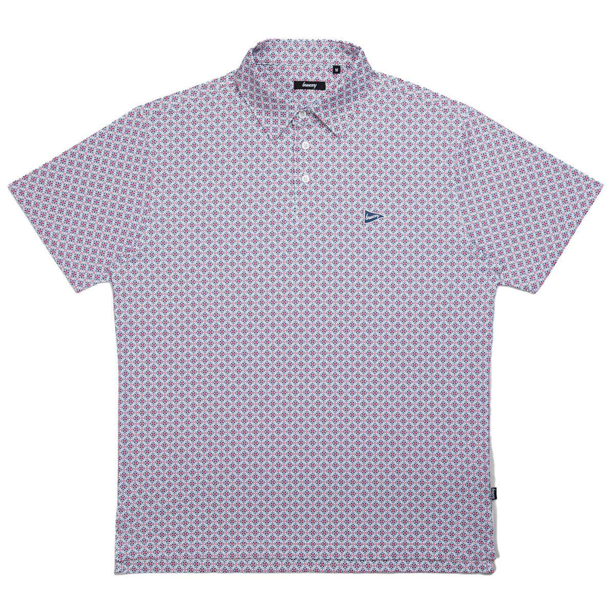Full front view of Breezy RWB patterned polo shirt laid flat, showing allover red, white, and blue geometric print with short sleeves.