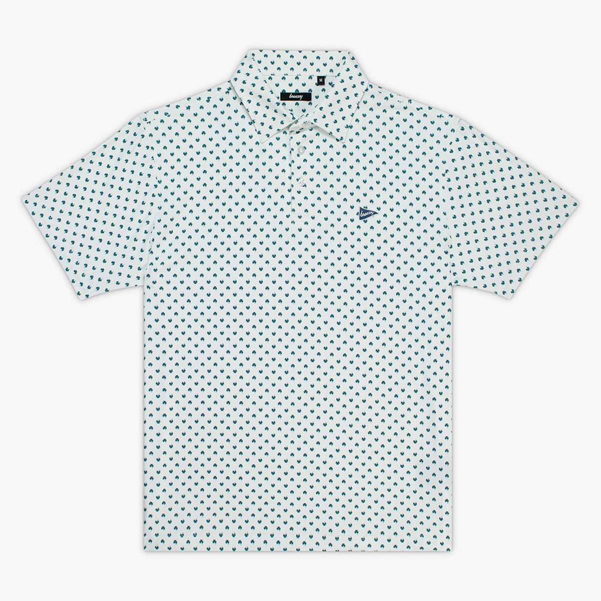 Front flat lay of white polo shirt with green clover pattern and 'Breezy' branding shown on a white background