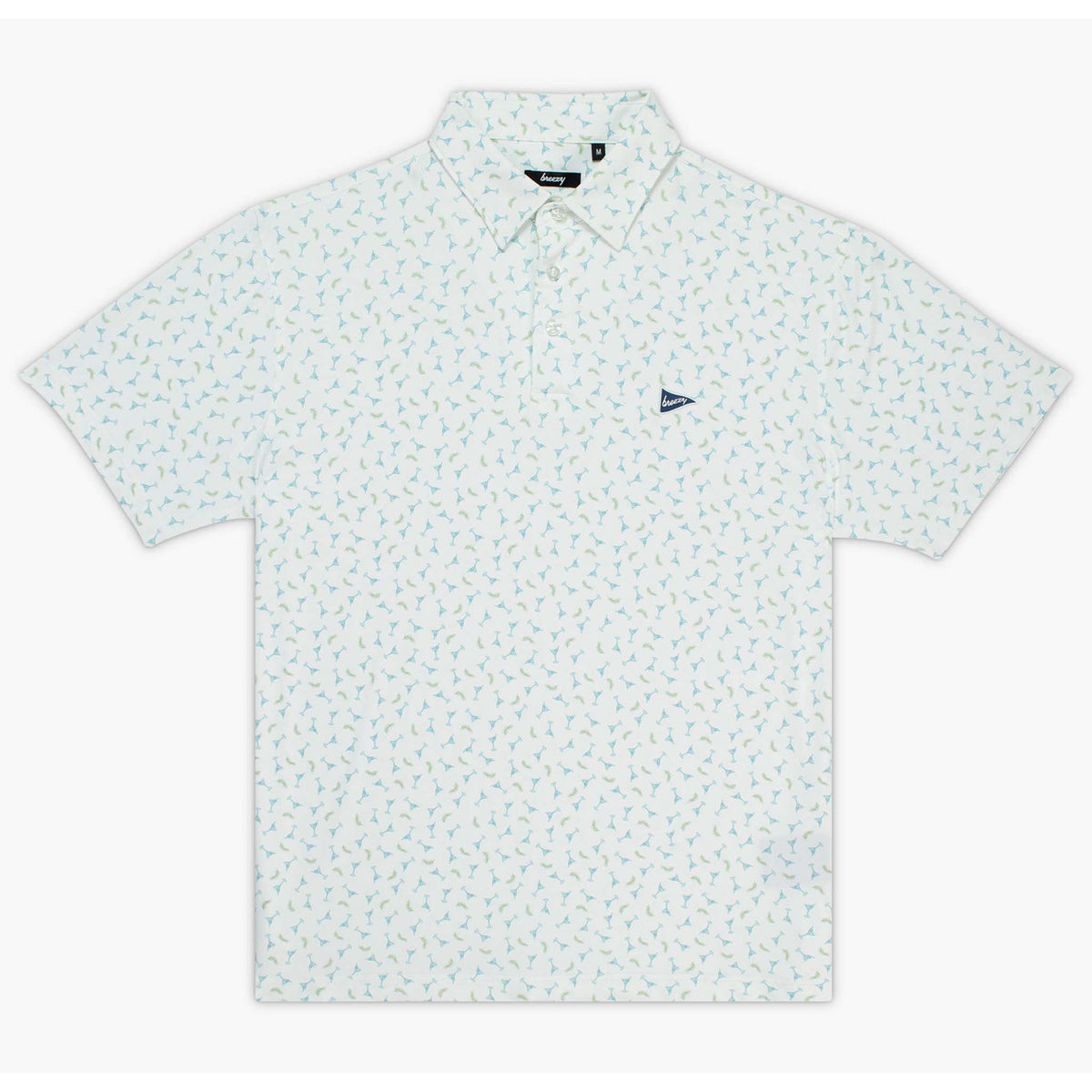 Flat lay men's white polo with an all over print of small martini glasses in blue and green shown on a white background
