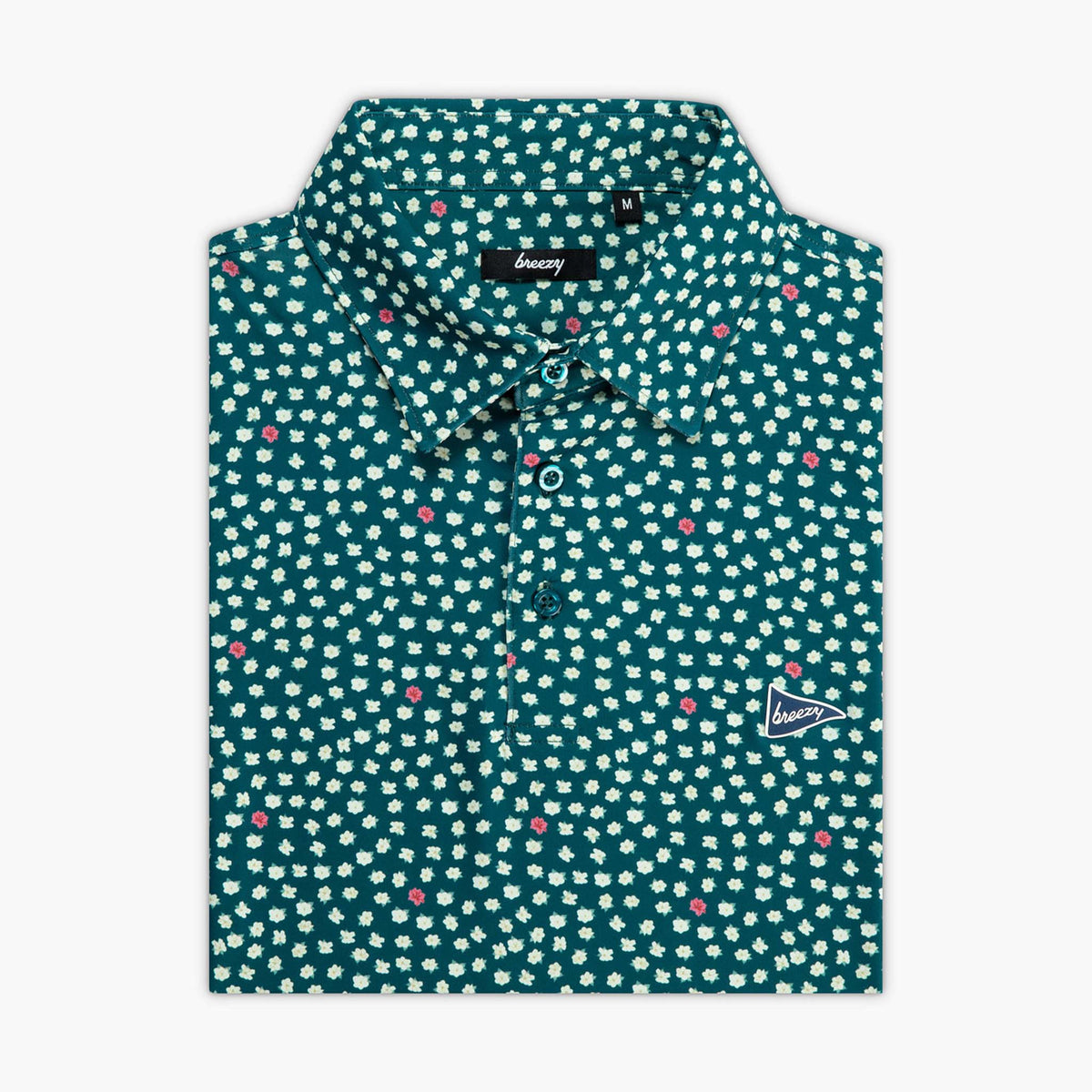 Green patterned shirt with brand logo on a white background