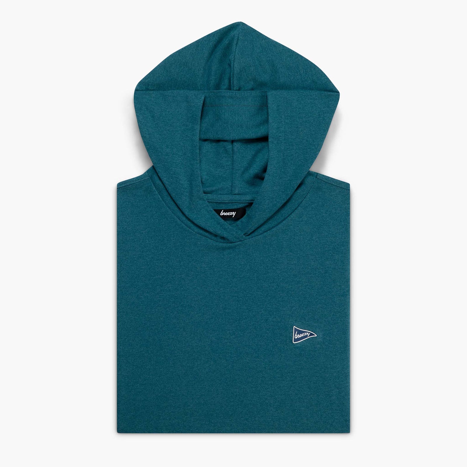 Teal hoodie with brand logo on a white background