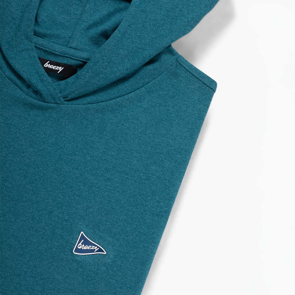 Teal sweatshirt with a logo on a white background