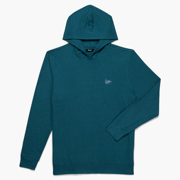 Teal hoodie with a small logo on a white background