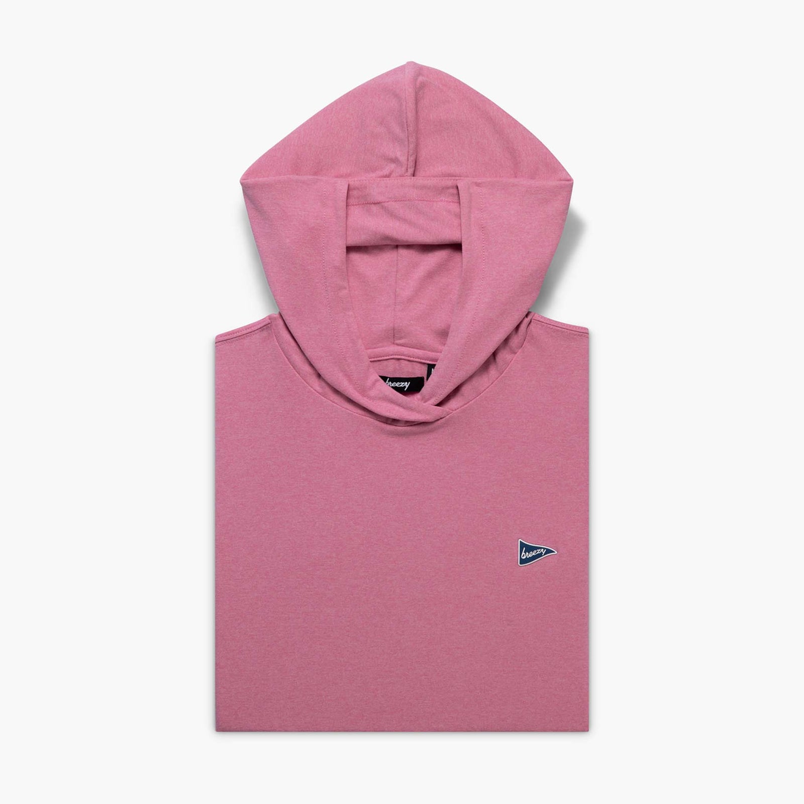 Pink long sleeve athletic wear hoodie with a small breezy logo on a white background