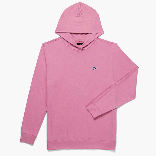 Pink long sleeve athletic wear hoodie with a small breezy logo on a white background