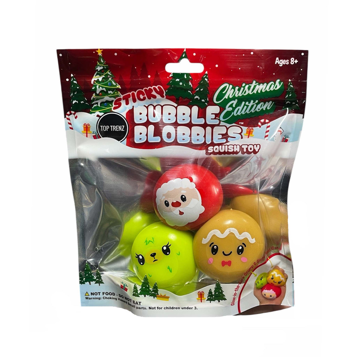 Packaged Christmas edition bubble bobbles squish toy with Santa Claus design on a white background