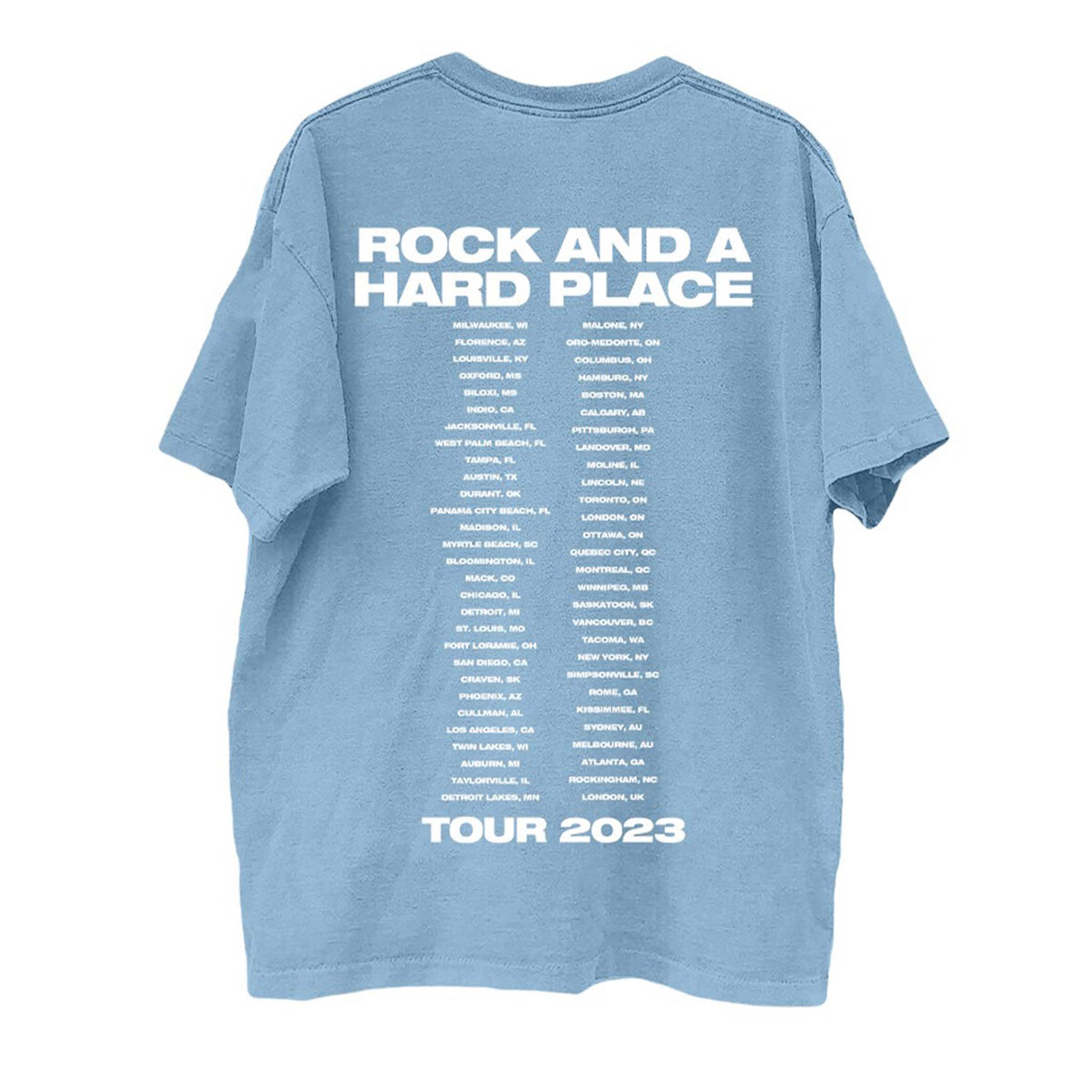 Light blue t-shirt with 'Rock and a Hard Place' tour text on the back