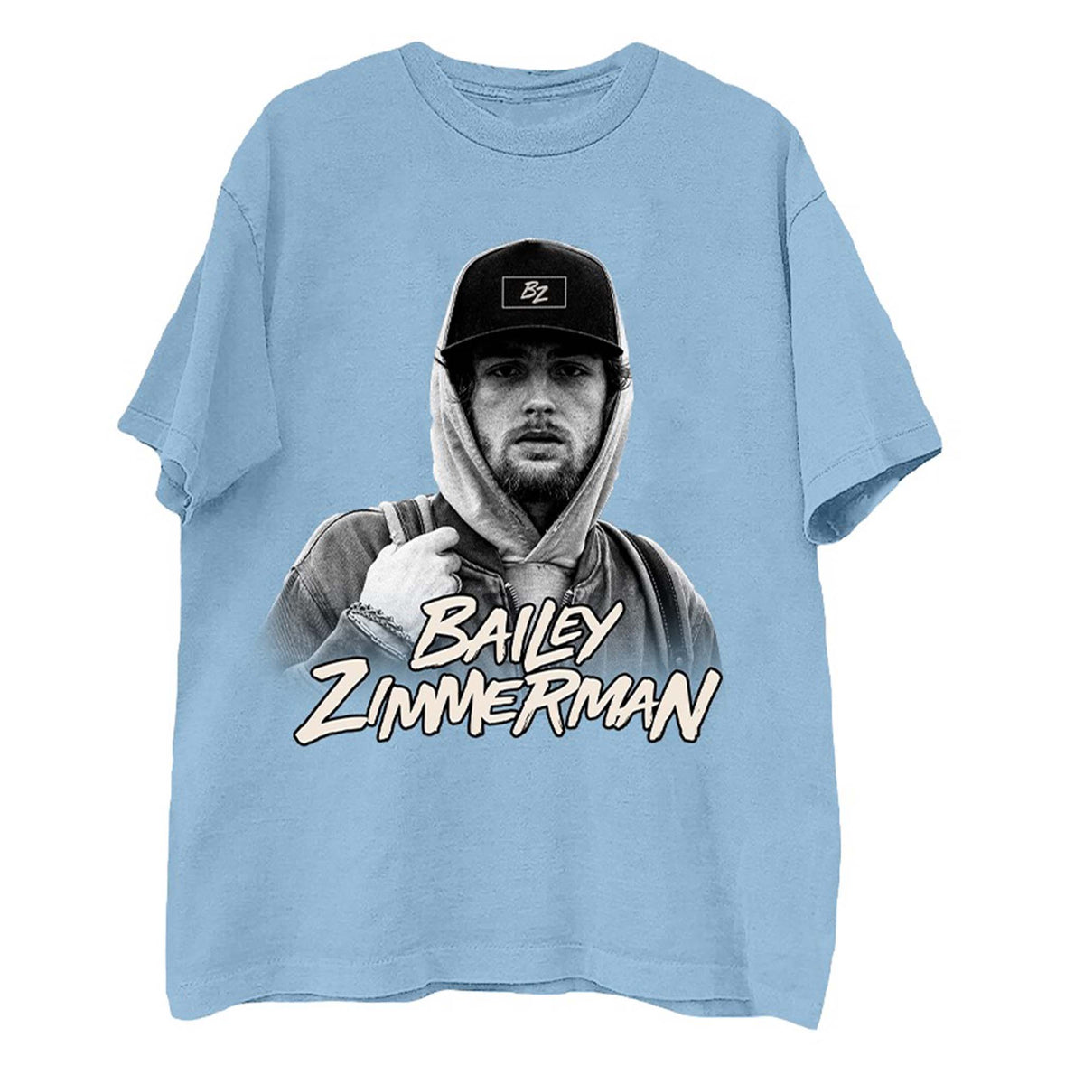 Light blue t-shirt with graphic of a person wearing a hoodie and 'Bailey Zimmerman' text.