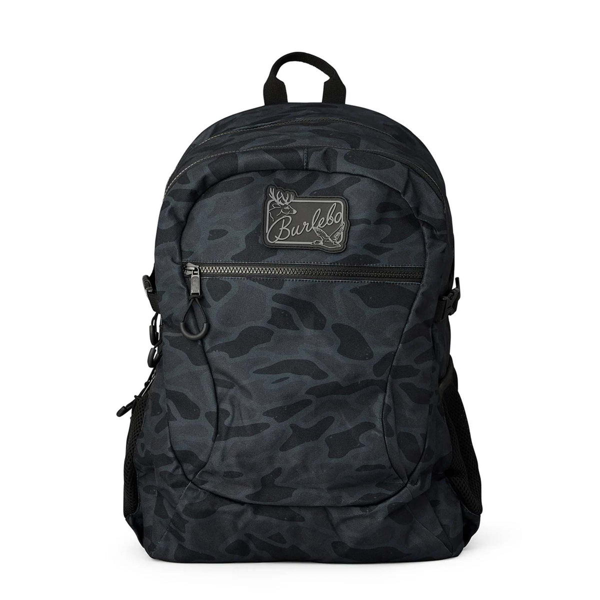 Black camouflage backpack with a visible brand logo on a white background