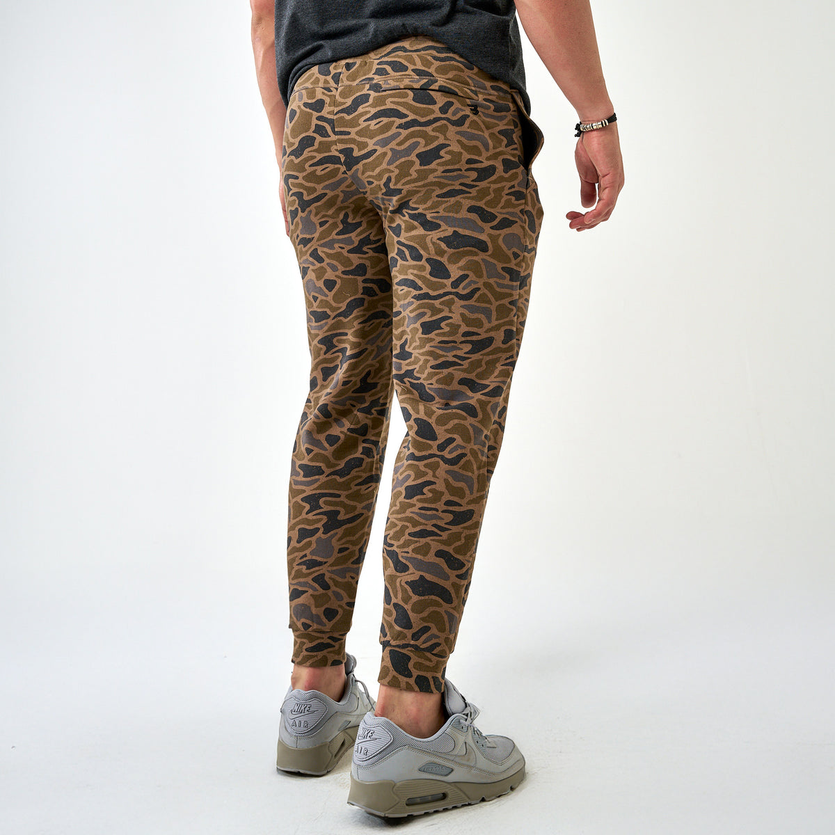 Back view of men’s camo jogger pants highlighting the pocket detail and fitted silhouette, worn with gray sneakers.