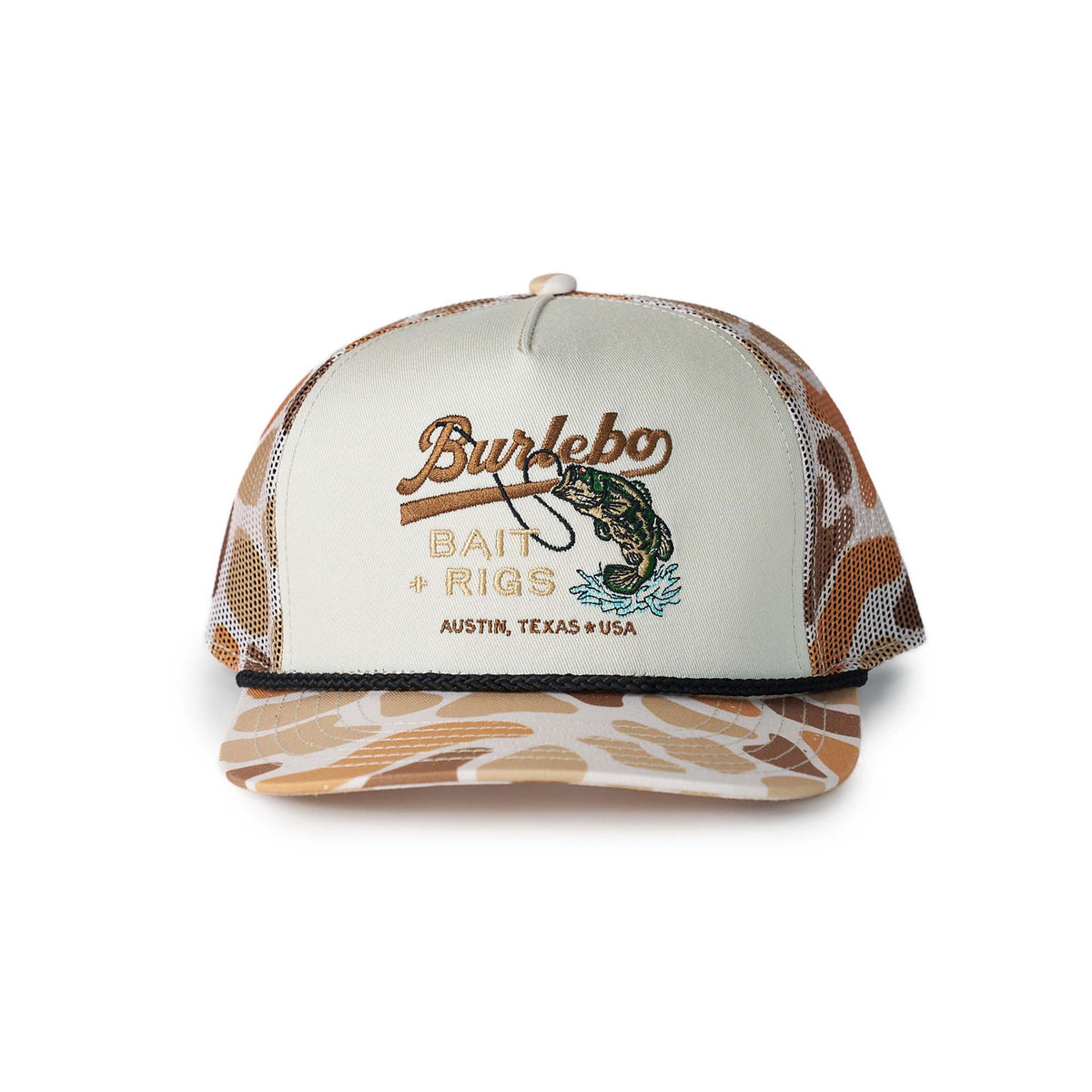Trucker hat with Burdebo Bait & Rigs logo and fishing lure design on a white background