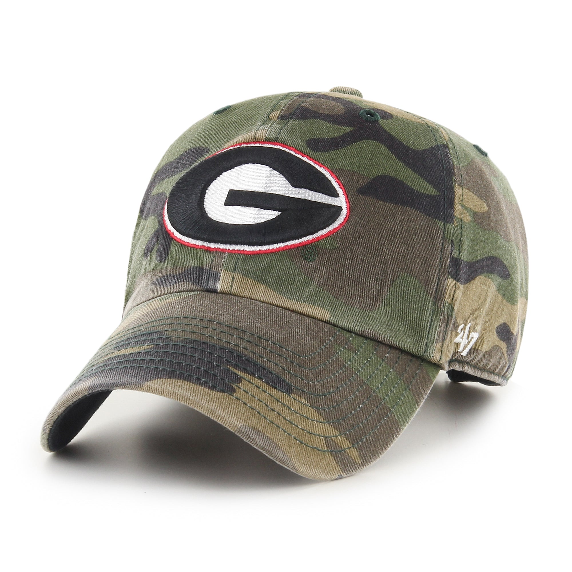 Georgia Bulldogs camo hat featuring embroidered white “G” logo with red outline on front, curved bill, and stitched brand logo on side.
