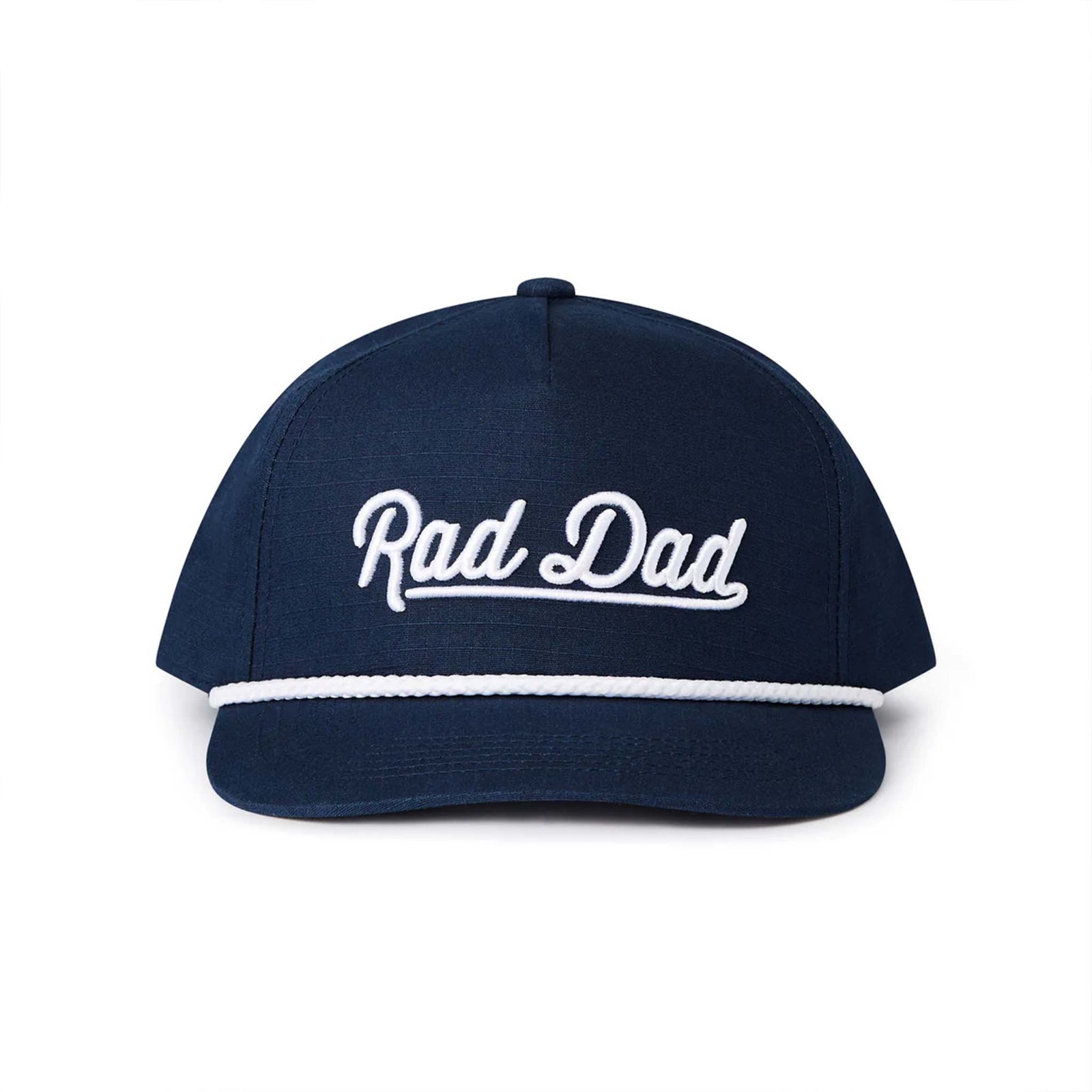 Front view of the Burlebo "Rad Dad" hat in navy with bold white script embroidery and white rope accent across the brim.