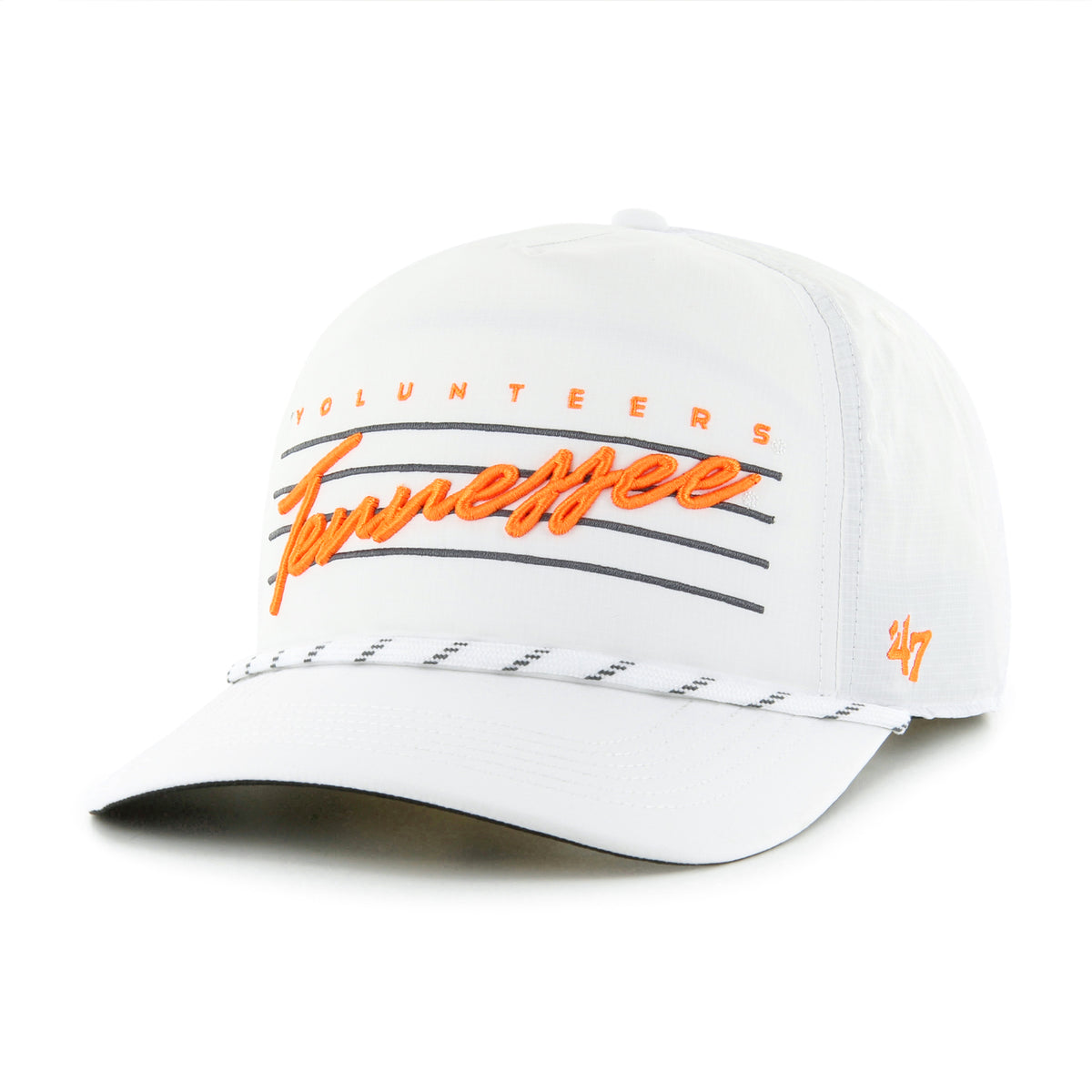 Tennessee Volunteers white hat with embroidered orange “Tennessee” script, black stripes, rope detail above bill, and curved brim.