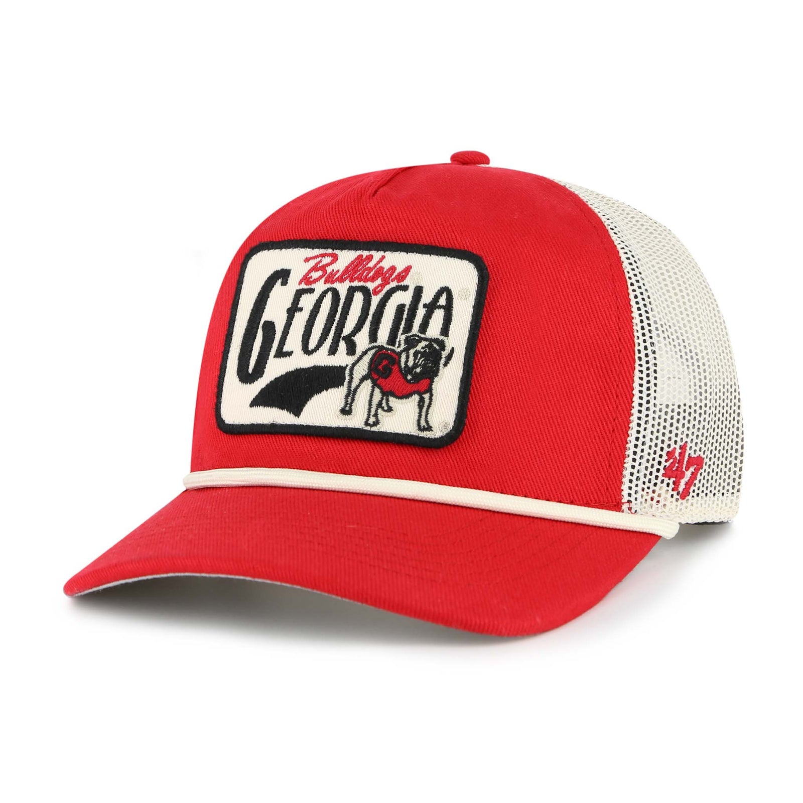'47 brand UGA Emmett Hitch trucker hat, color red, adjustable snap back.
A red and white trucker-style baseball cap with a cream mesh back and adjustable snap closure. The front features a large embroidered patch with the word “Georgia” in bold black letters, “Bulldogs” in red script, and an illustration of the UGA bulldog mascot wearing a red jersey with a black “G.” A cream rope runs across the base of the red curved brim, and a red '47 logo is stitched on the side. 