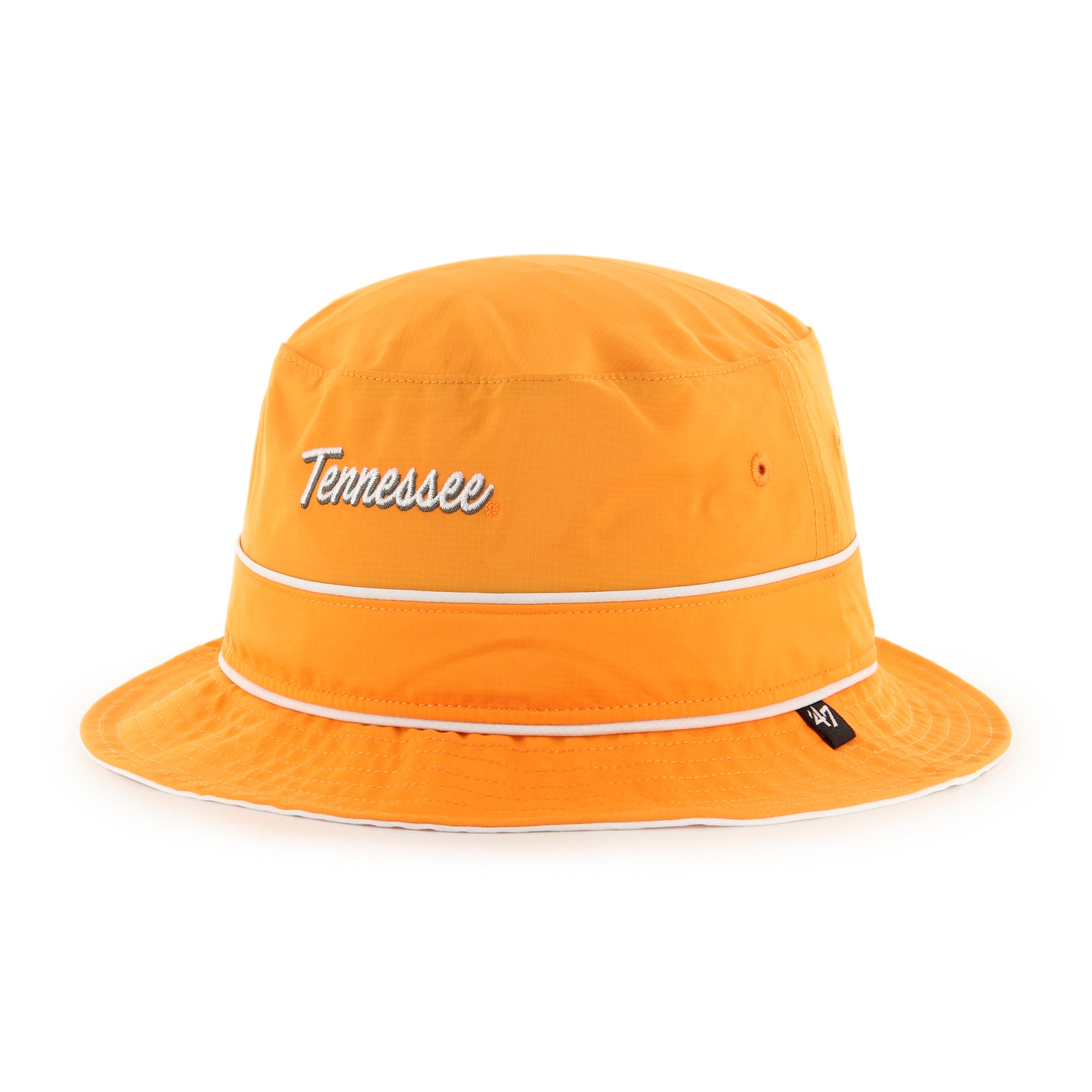 Tennessee Volunteers orange bucket hat with embroidered “Tennessee” script in white and orange thread and white trim accents on band and brim.
