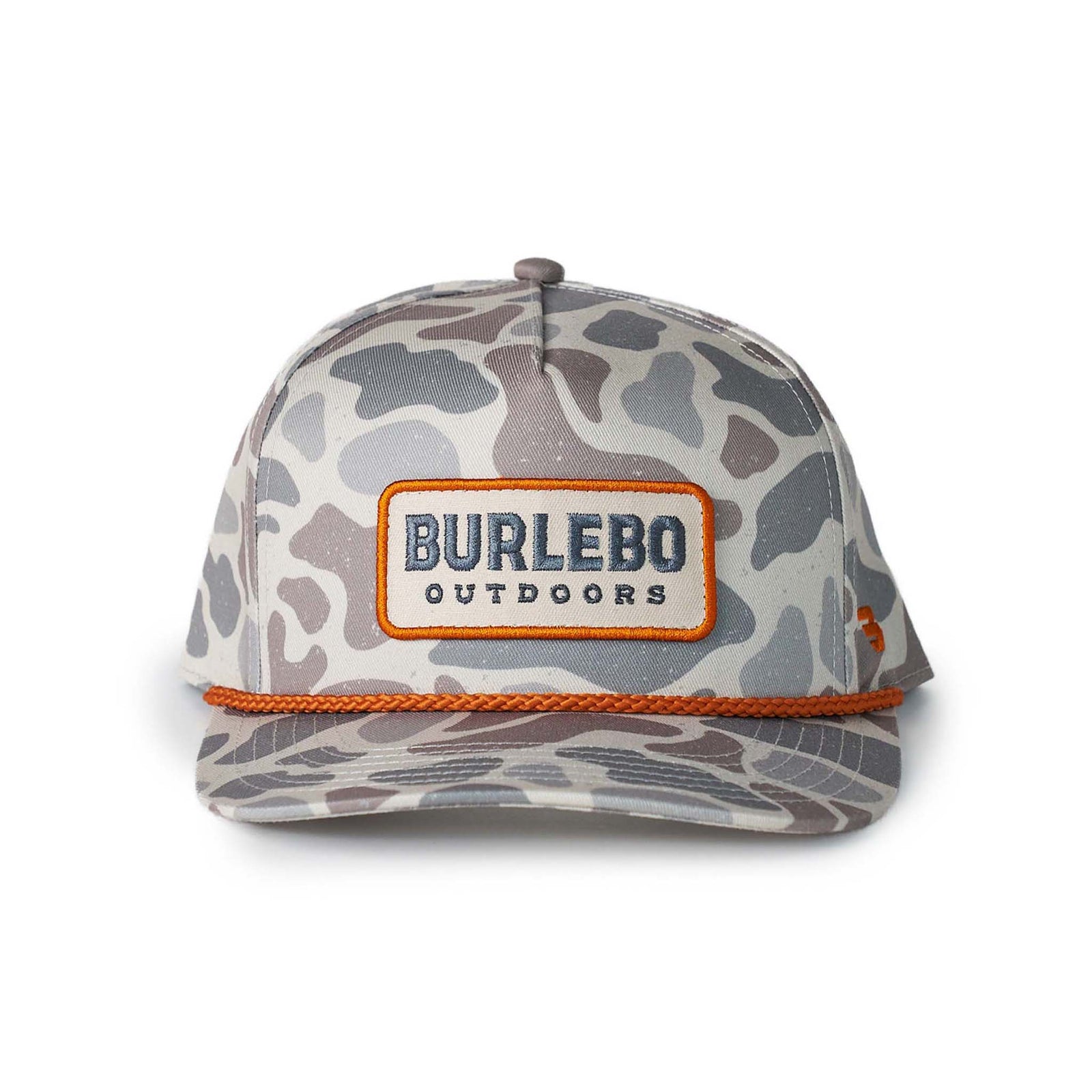 Camouflage-patterned cap with 'Burlebo Outdoors' logo on a white background