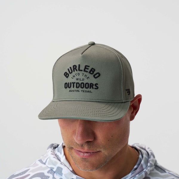 Sage green hat with 'Burlebo' branding shown on a white background
