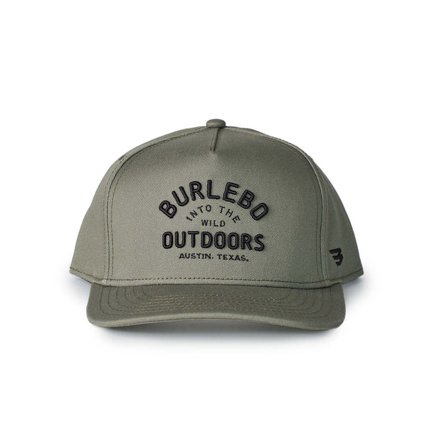Sage green hat with 'Burlebo' branding shown on a white background