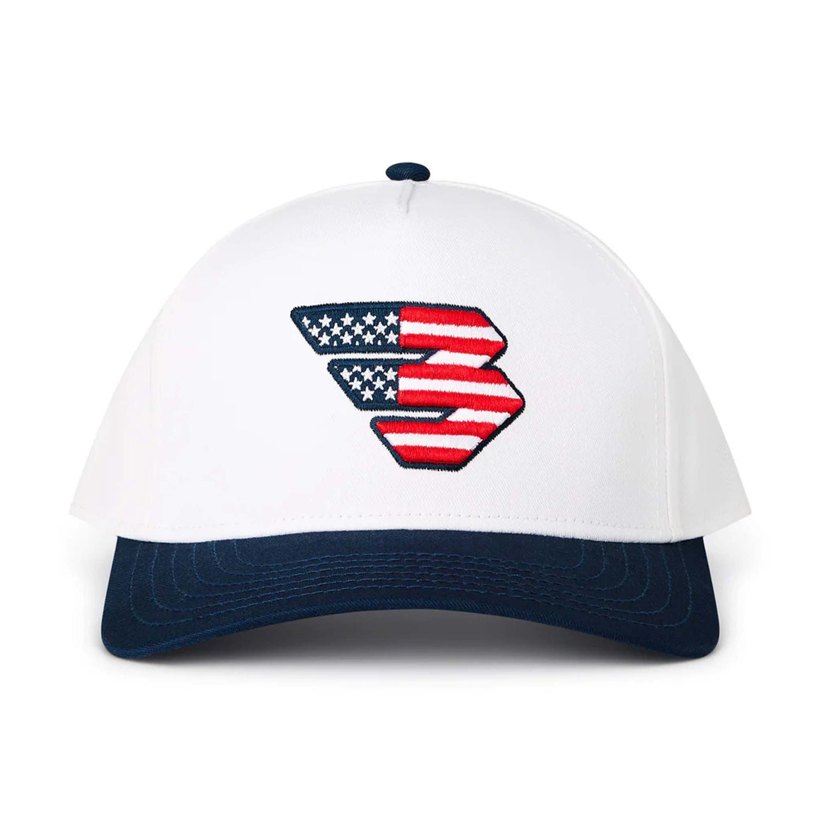 High-profile white and navy blue two-tone trucker hat with embroidered Flying B logo in American flag design on the front.