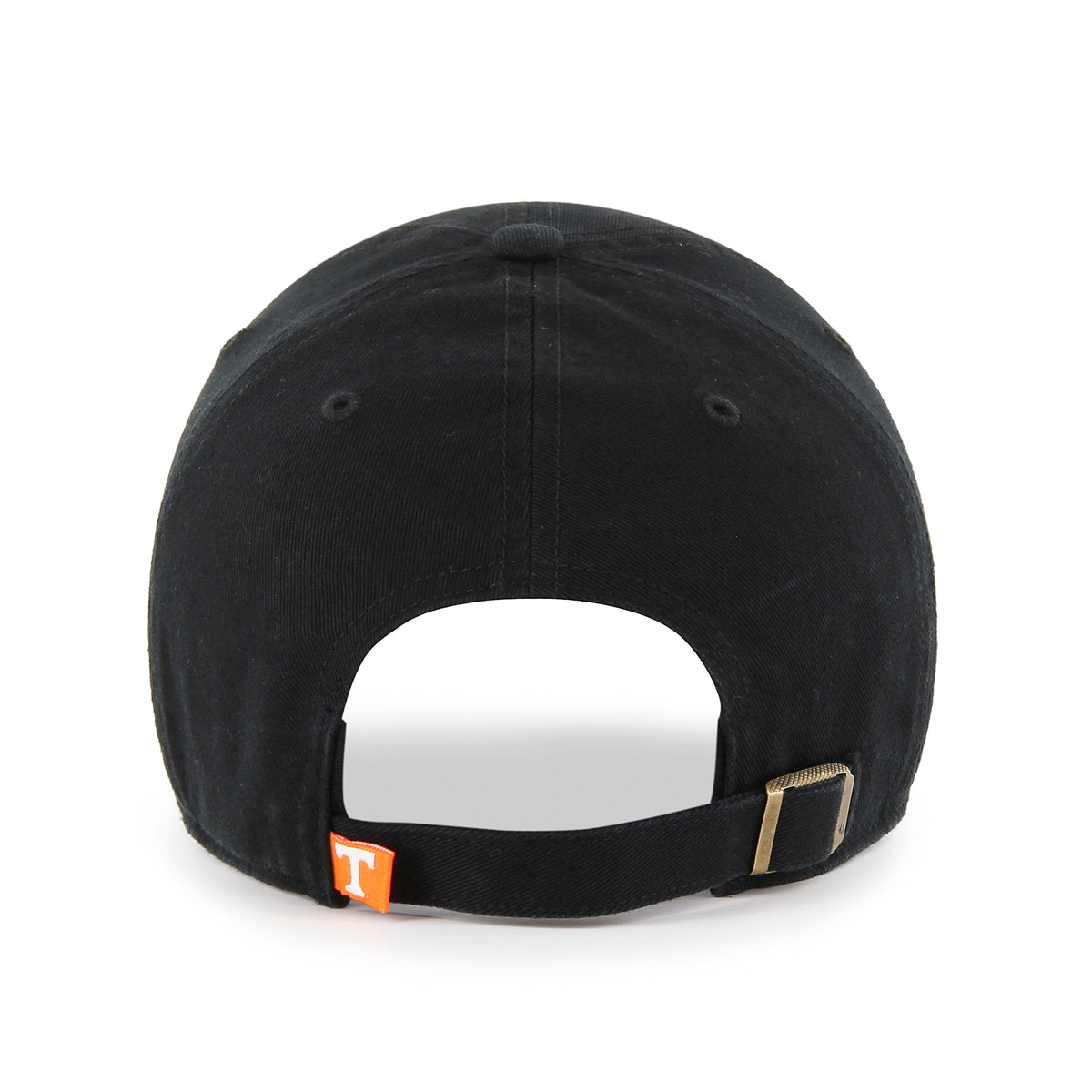 Tennessee Volunteers black hat with adjustable strap and small orange “T” logo tag above opening.