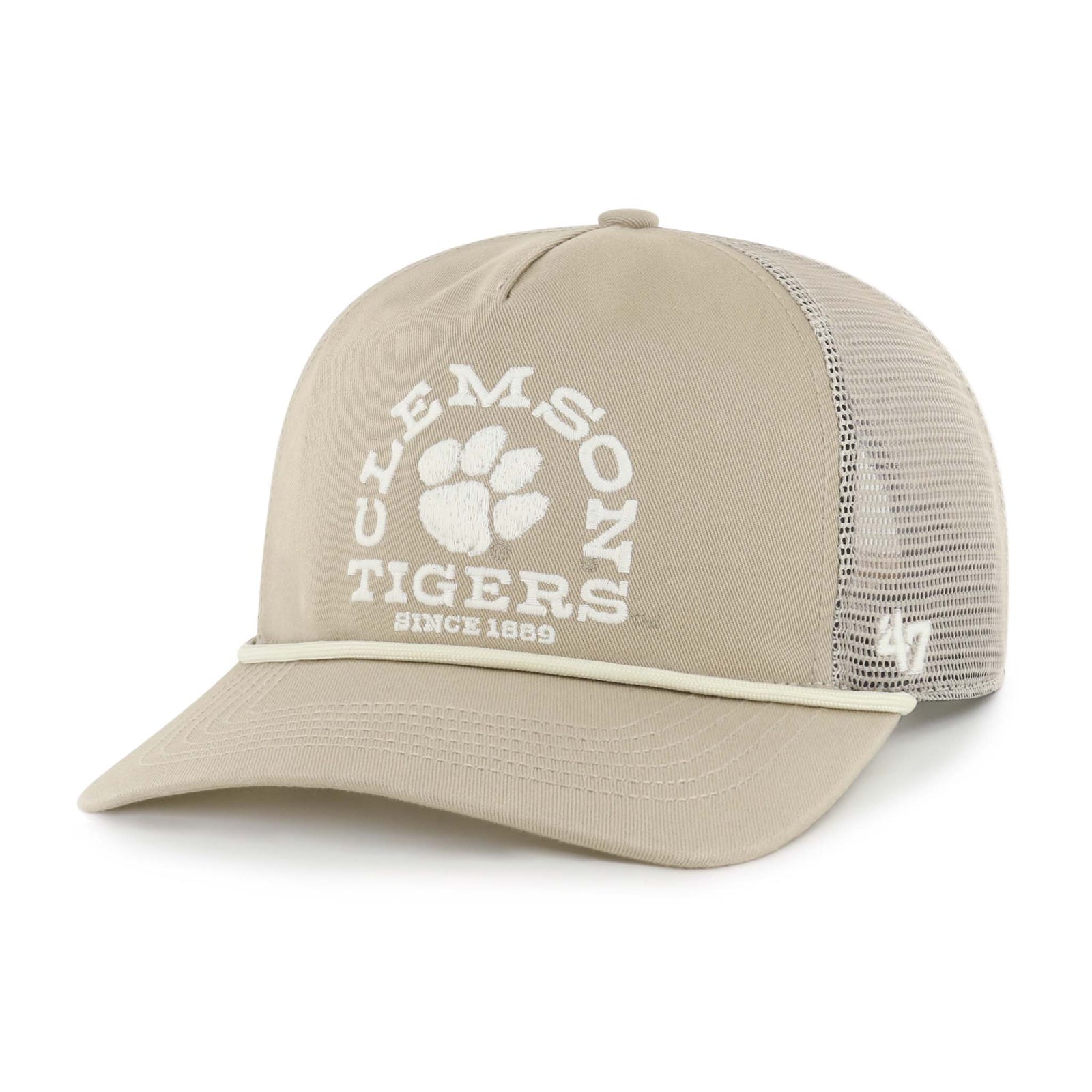 47 brand clemson ranchero mesh 47 hitch
A khaki trucker-style baseball cap with a matching mesh back and adjustable snap closure. The front features arched white embroidered text reading “CLEMSON” above a white tiger paw logo, with “TIGERS” and “SINCE 1889” stitched below. A khaki rope detail runs across the base of the curved brim, and a white '47 logo is embroidered on the side mesh panel. 