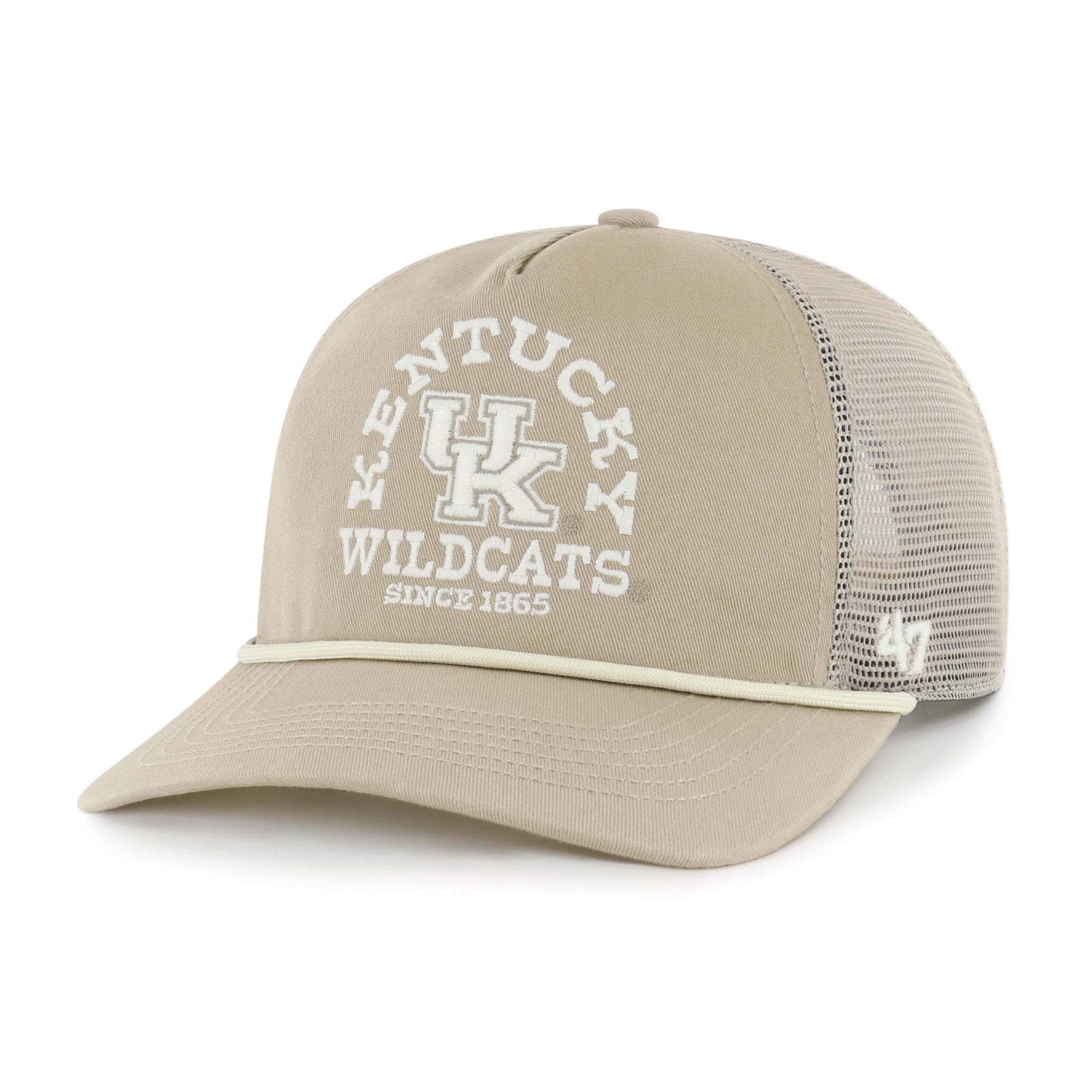 47 brand kentucky ranchero mesh 47 hitch
A khaki trucker-style baseball cap with a matching mesh back and adjustable snap closure. The front features arched white embroidered text reading “KENTUCKY” above a white “UK” logo, with “WILDCATS” and “SINCE 1865” stitched below. A khaki rope detail runs along the base of the curved brim, and a white '47 logo is embroidered on the side mesh panel. 
