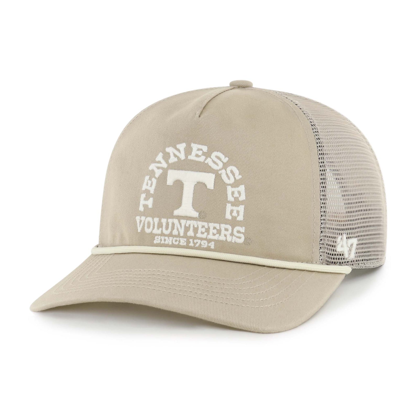 47 Brand Ranchero Tennessee Ranchero Mesh Hitch 
A khaki trucker-style baseball cap with a matching mesh back and adjustable snap closure. The front features arched white embroidered text reading “TENNESSEE” above a large white “T,” with “VOLUNTEERS” and “SINCE 1794” stitched below. A matching khaki rope detail runs across the base of the curved brim, and a white '47 logo is embroidered on the side of the mesh.