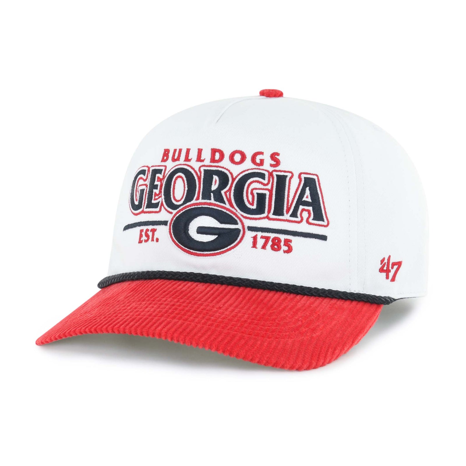 '47 Brand UGA Rustic Hitch hat, adjustable snapback. 
A white and red baseball cap featuring embroidered text and graphics for the University of Georgia Bulldogs. The front displays the word “GEORGIA” in bold black and red letters with a black "G" logo outlined in red beneath it, and the words “BULLDOGS” and “EST. 1785” above and below. The curved bill is made of red corduroy fabric, and a black rope detail runs along the base of the crown. A red '47 logo is stitched on the side.