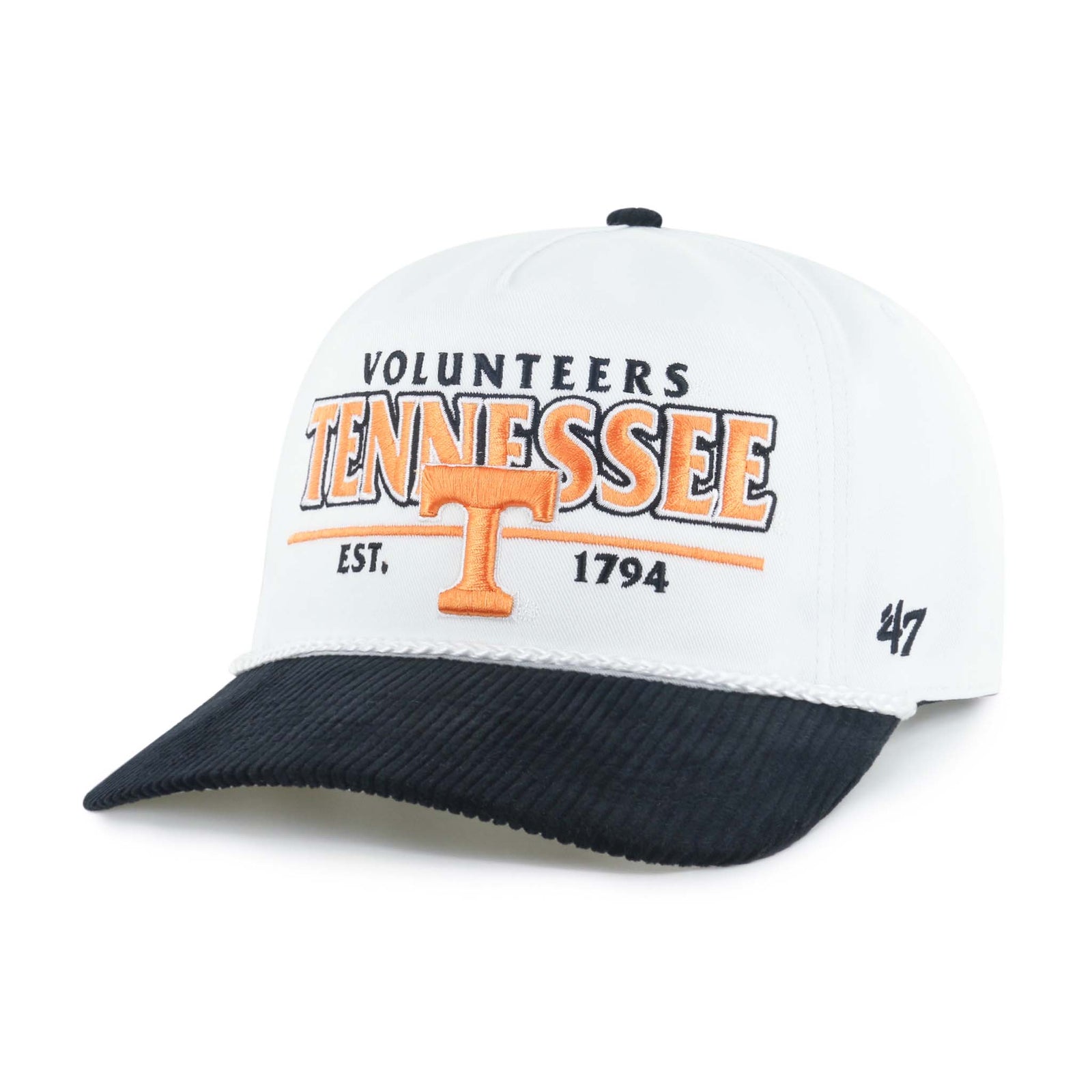 '47 brand Tennessee Volunteers hat.
A white and black baseball cap featuring embroidered text and graphics for the University of Tennessee Volunteers. The front of the hat reads “Volunteers Tennessee” in black and orange text with a large orange “T” below it, and “EST. 1794” on either side. The bill is made of black corduroy fabric, and the side of the cap is stitched with a black '47 logo. The hat is photographed against a plain white background. Adjustable snapback.