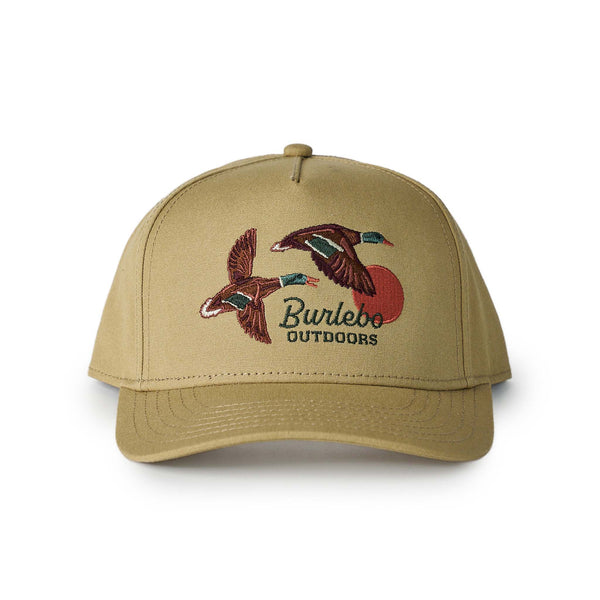 Tan hat with mallard duck design and 'Burlebo Outdoors' logo on a white background