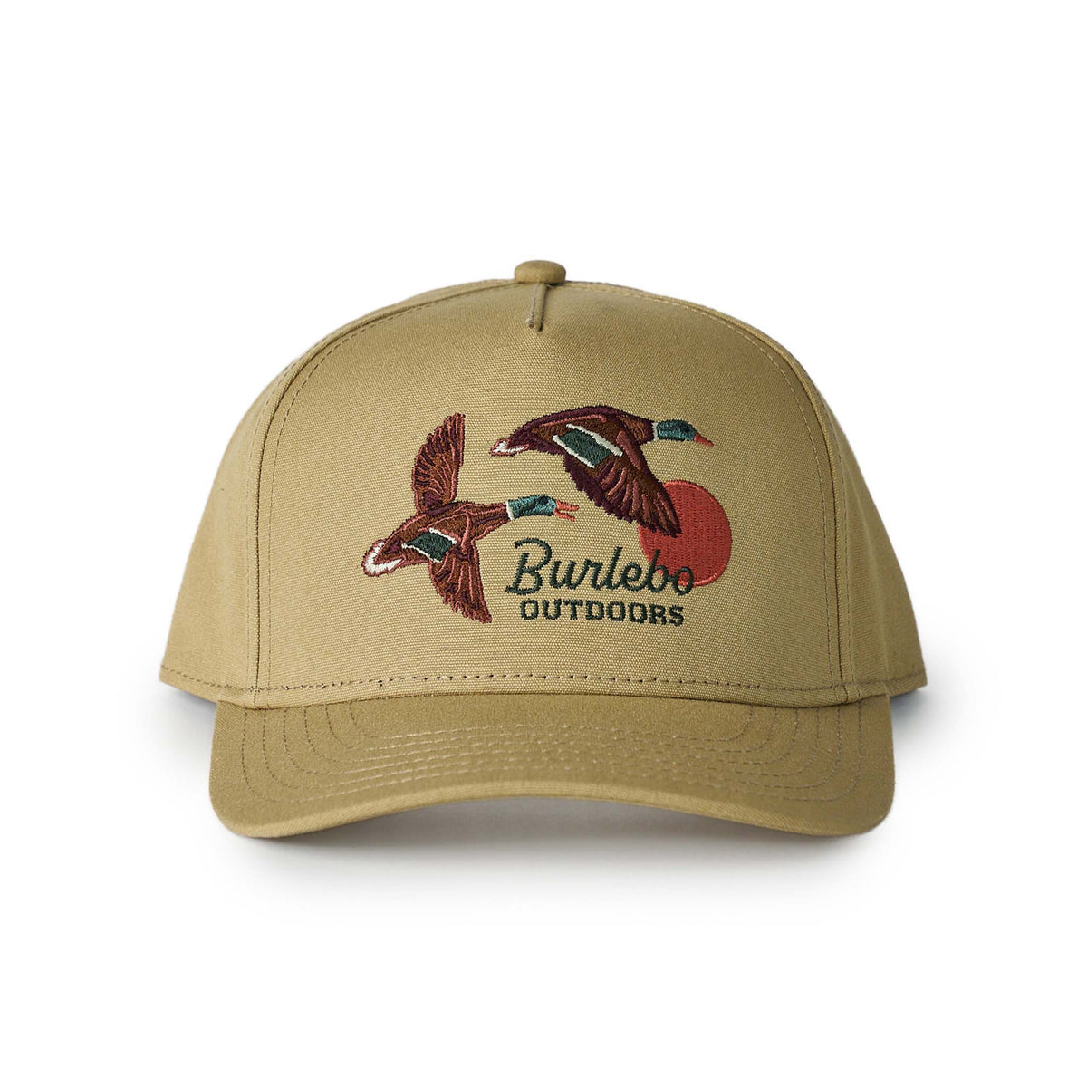 Tan hat with mallard duck design and 'Burlebo Outdoors' logo on a white background