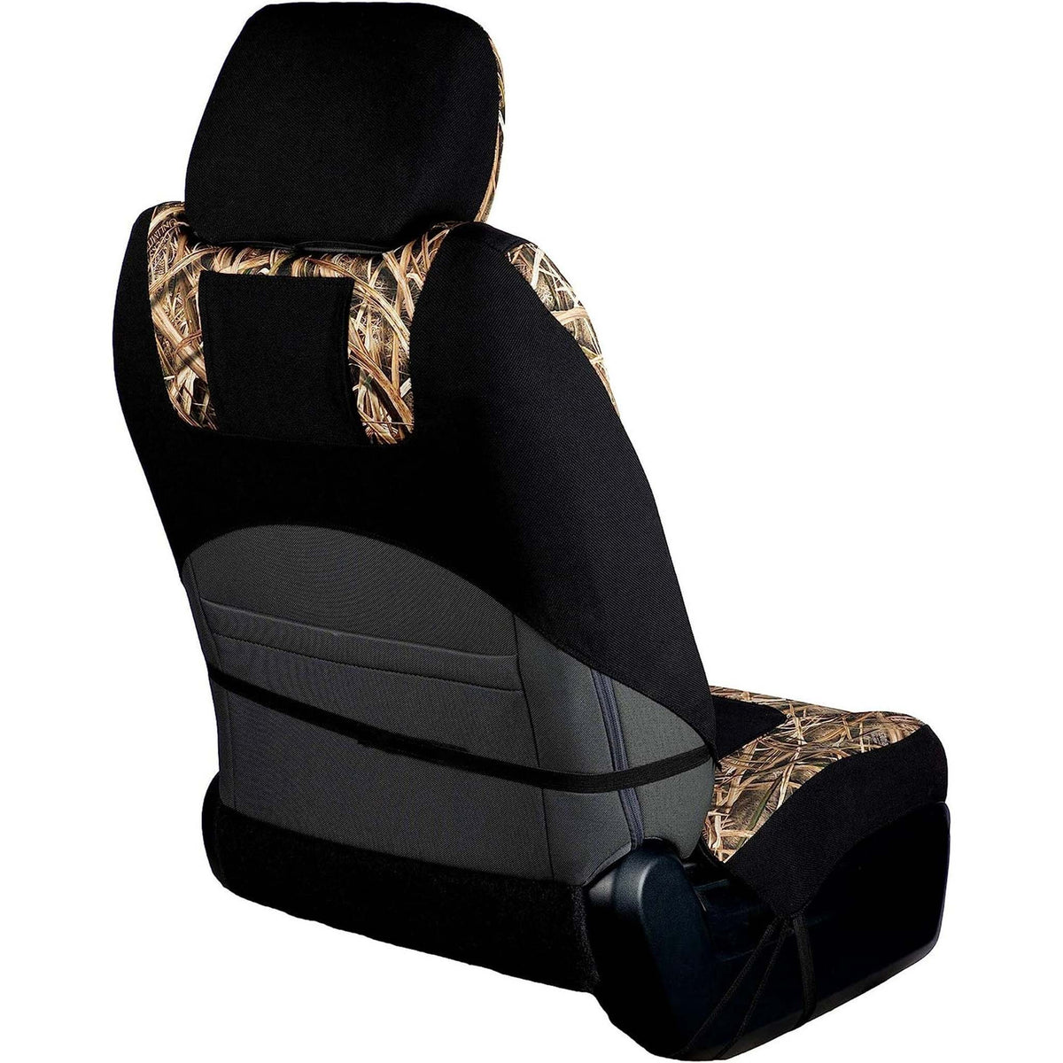 Ducks Unlimited camo seat cover shown from rear view on a car seat, highlighting black and Realtree camo panels and headrest.