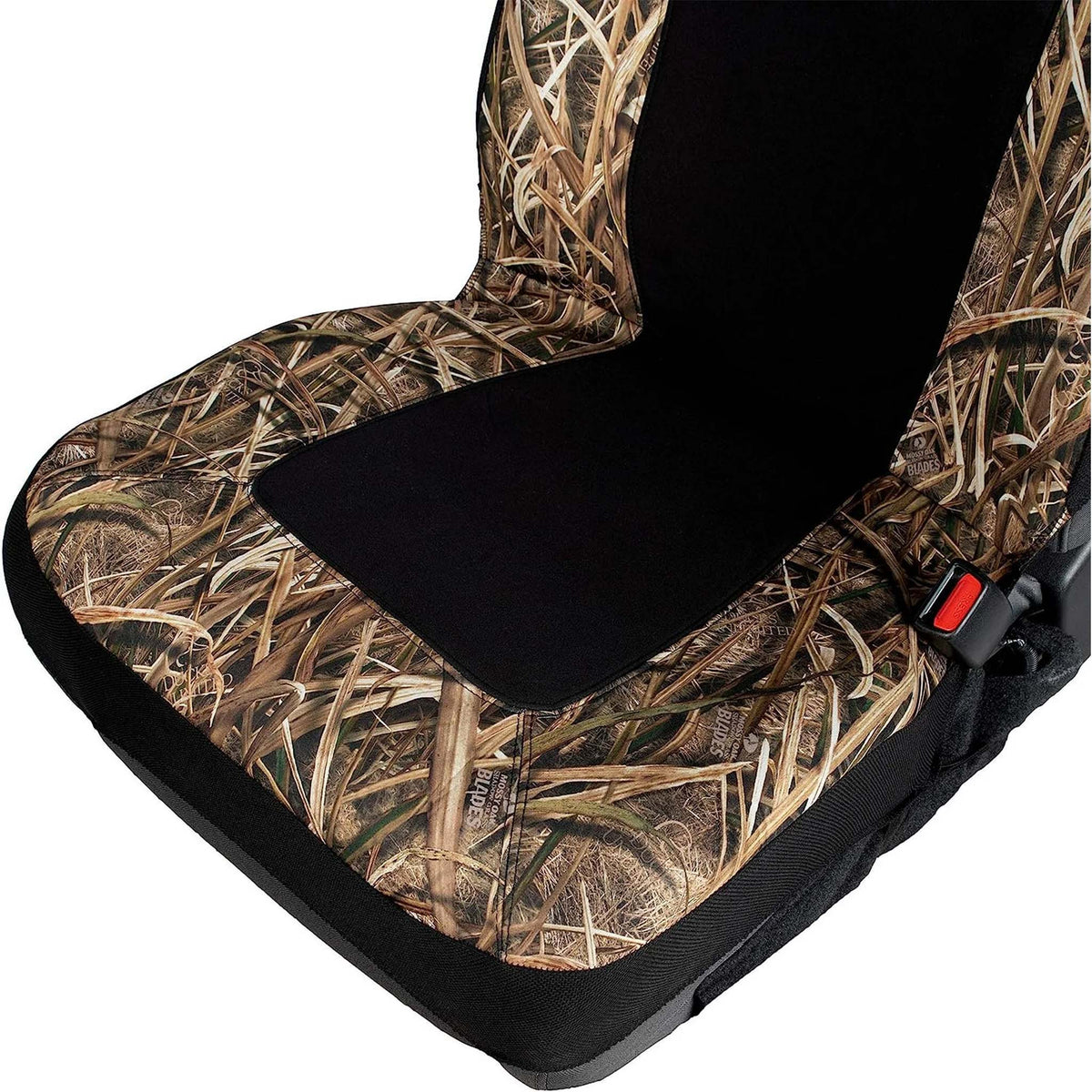 Close-up of Ducks Unlimited camo seat cover seat base, featuring Realtree camo pattern and solid black center.