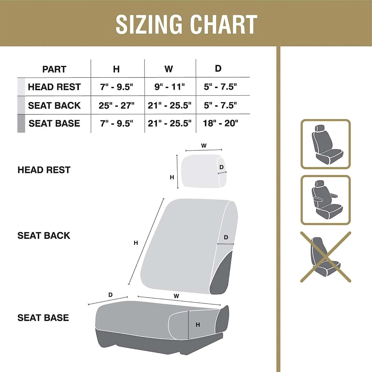 Sizing chart for headrest, seat back, and seat base with height, width, and depth measurements in inches for proper seat fit.