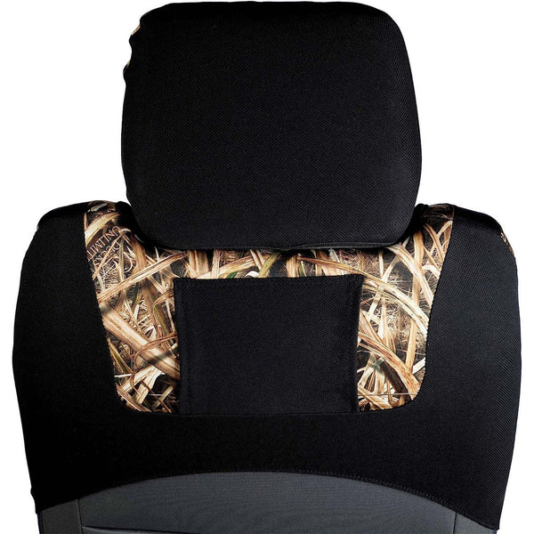 Rear view of headrest on Ducks Unlimited camo seat cover, showing pocket and black upper panel over camo pattern.