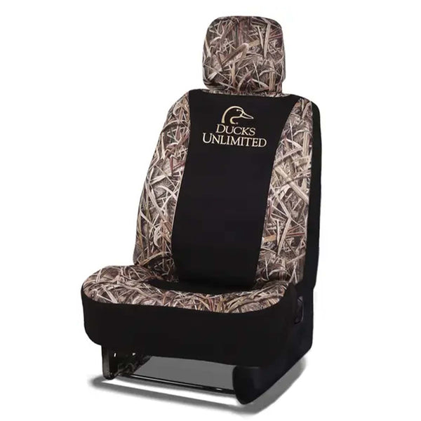 Ducks Unlimited camo seat cover with headrest shown from front angle, featuring camo print and black center panel with Ducks Unlimited logo embroidered in tan.