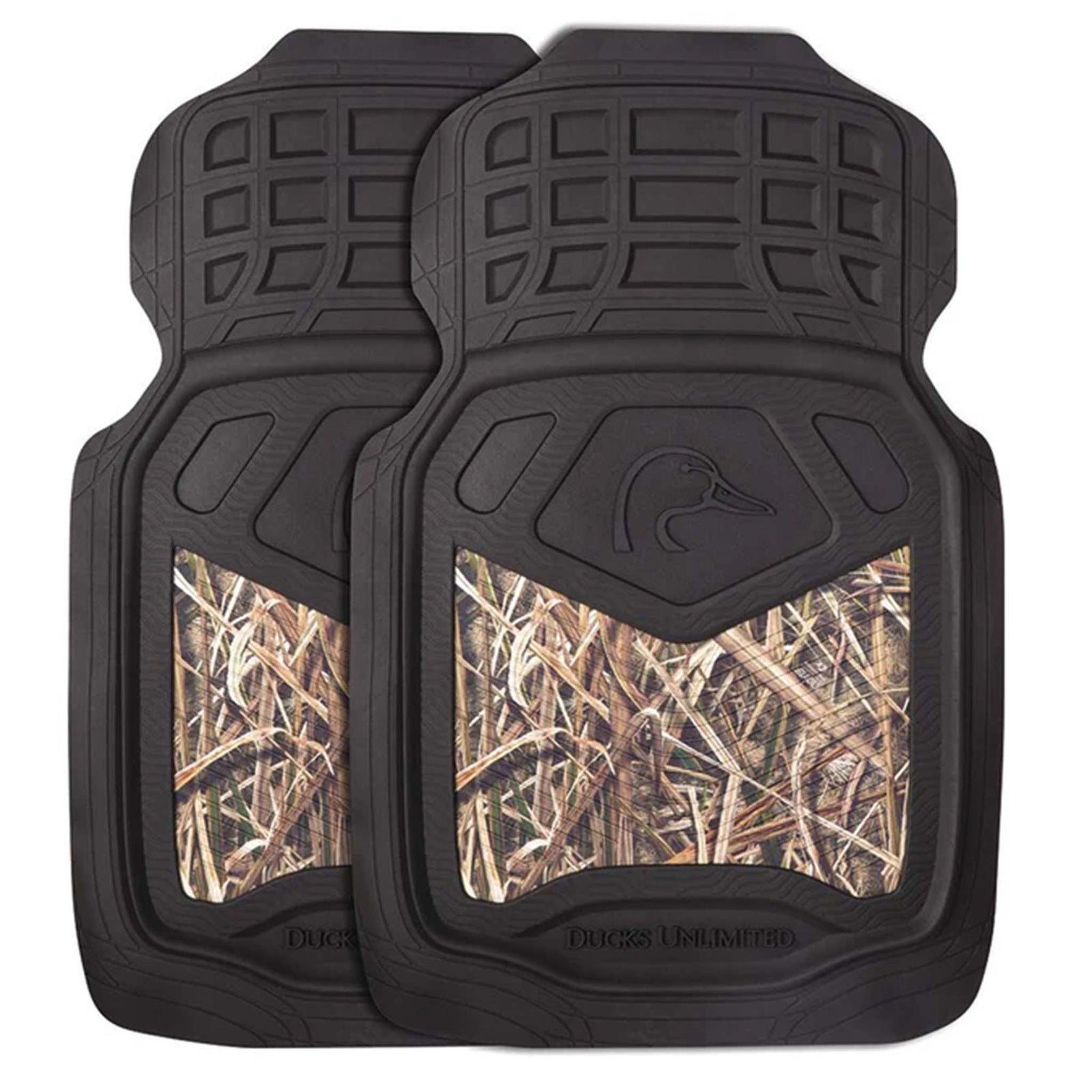 Pair of Ducks Unlimited front floor mats in black rubber with Mossy Oak camo inlay and embossed duck head logo.