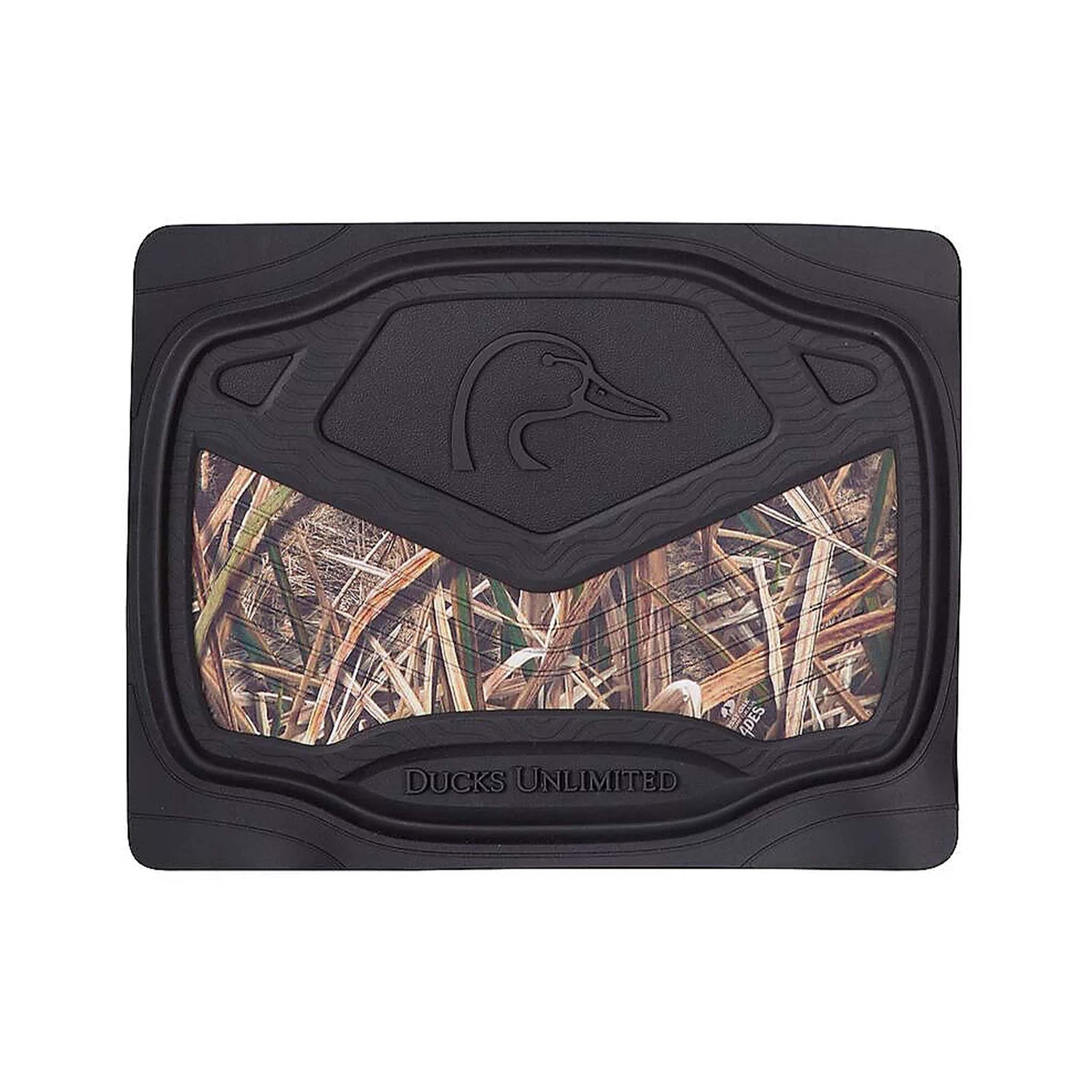Overhead view of the Ducks Unlimited front car floor mat featuring a Mossy Oak camo pattern and black rubber duck logo.