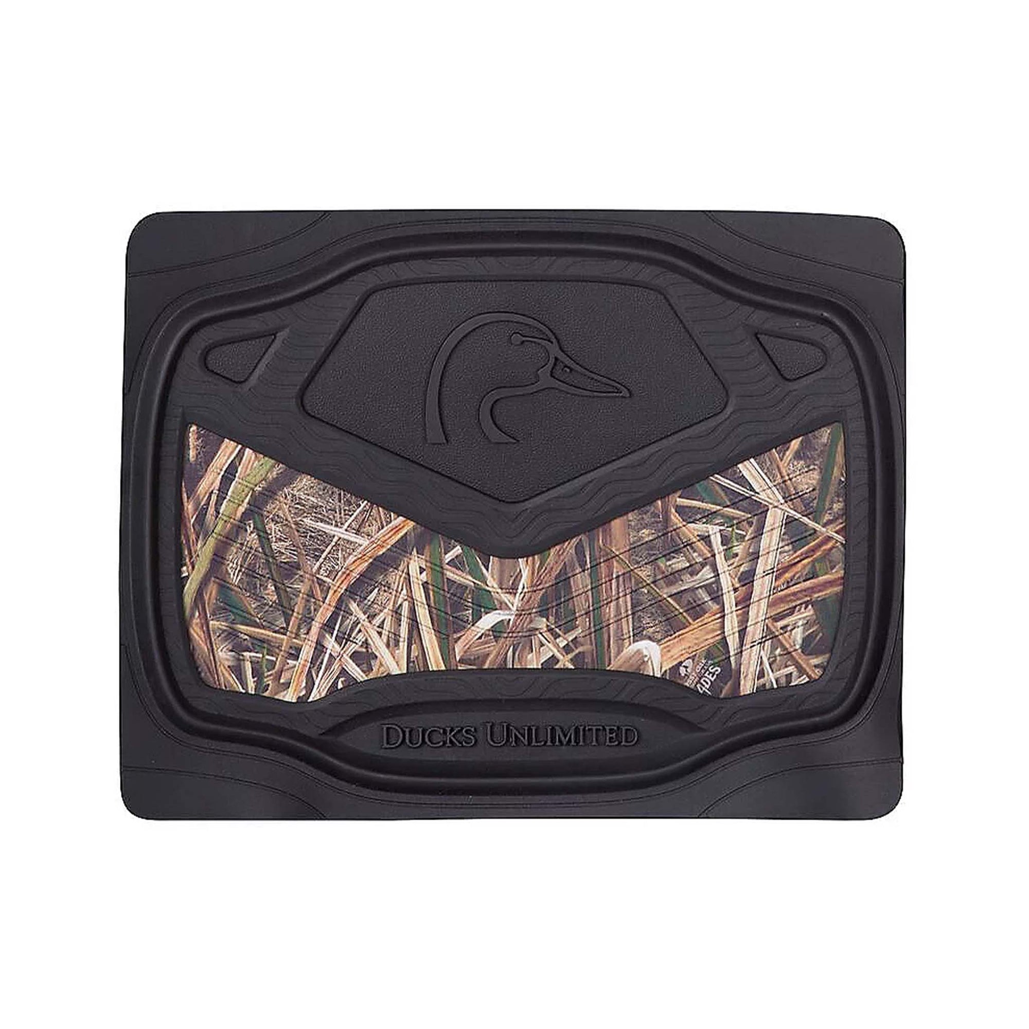 Overhead view of the Ducks Unlimited front car floor mat featuring a Mossy Oak camo pattern and black rubber duck logo.