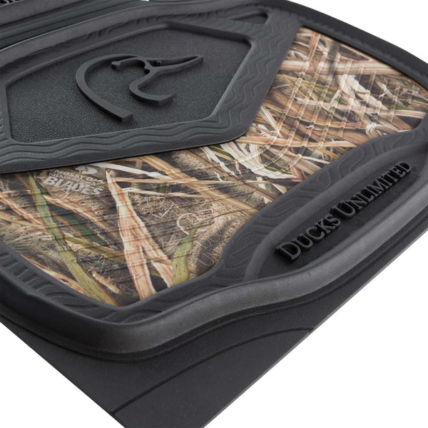 Close-up of the Ducks Unlimited car floor mat in camo and black with textured rubber detail and raised logo.