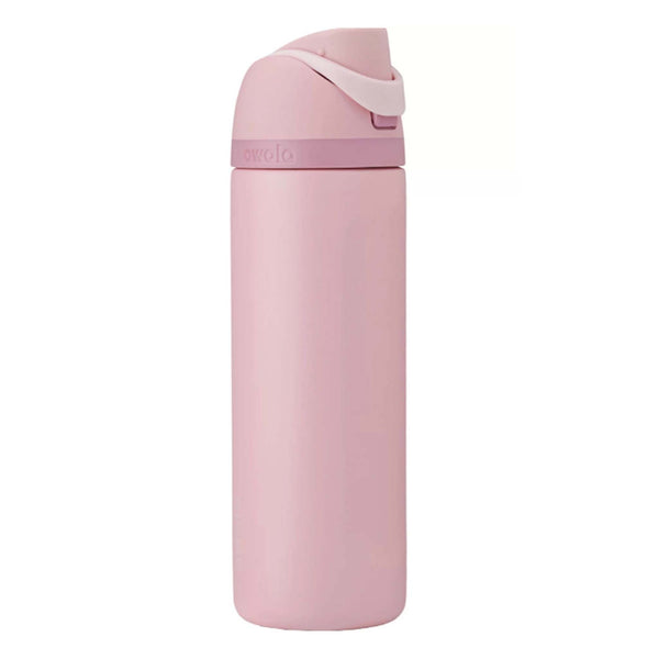 24oz Owala FreeSip Water Bottle in Rose Quartz with closed lid, shown from a front angle. 