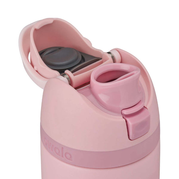 Top view of the 24oz Owala FreeSip Water Bottle in Rose Quartz with lid flipped open, showing spout and straw.