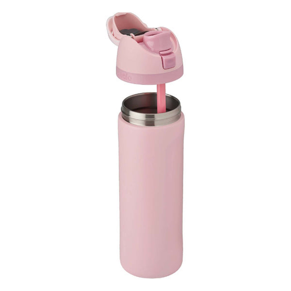 24oz Owala FreeSip Water Bottle in Rose Quartz with lid open and straw extended, angled side view.