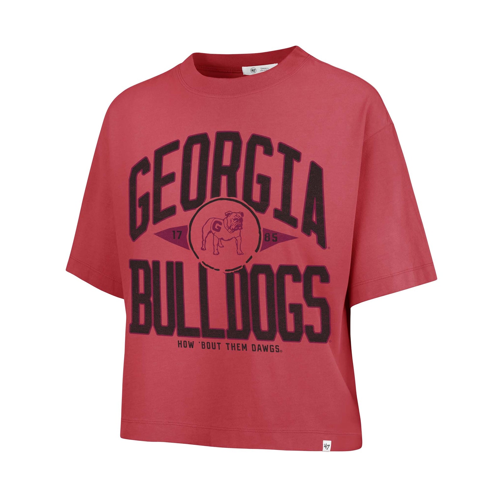 Front view of cropped red Georgia Bulldogs tee with bold “Georgia Bulldogs” text, mascot graphic, and “How ’Bout Them Dawgs” slogan.