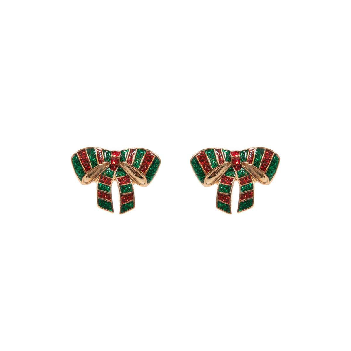 Bow-shaped earrings with red and green accents on a white background