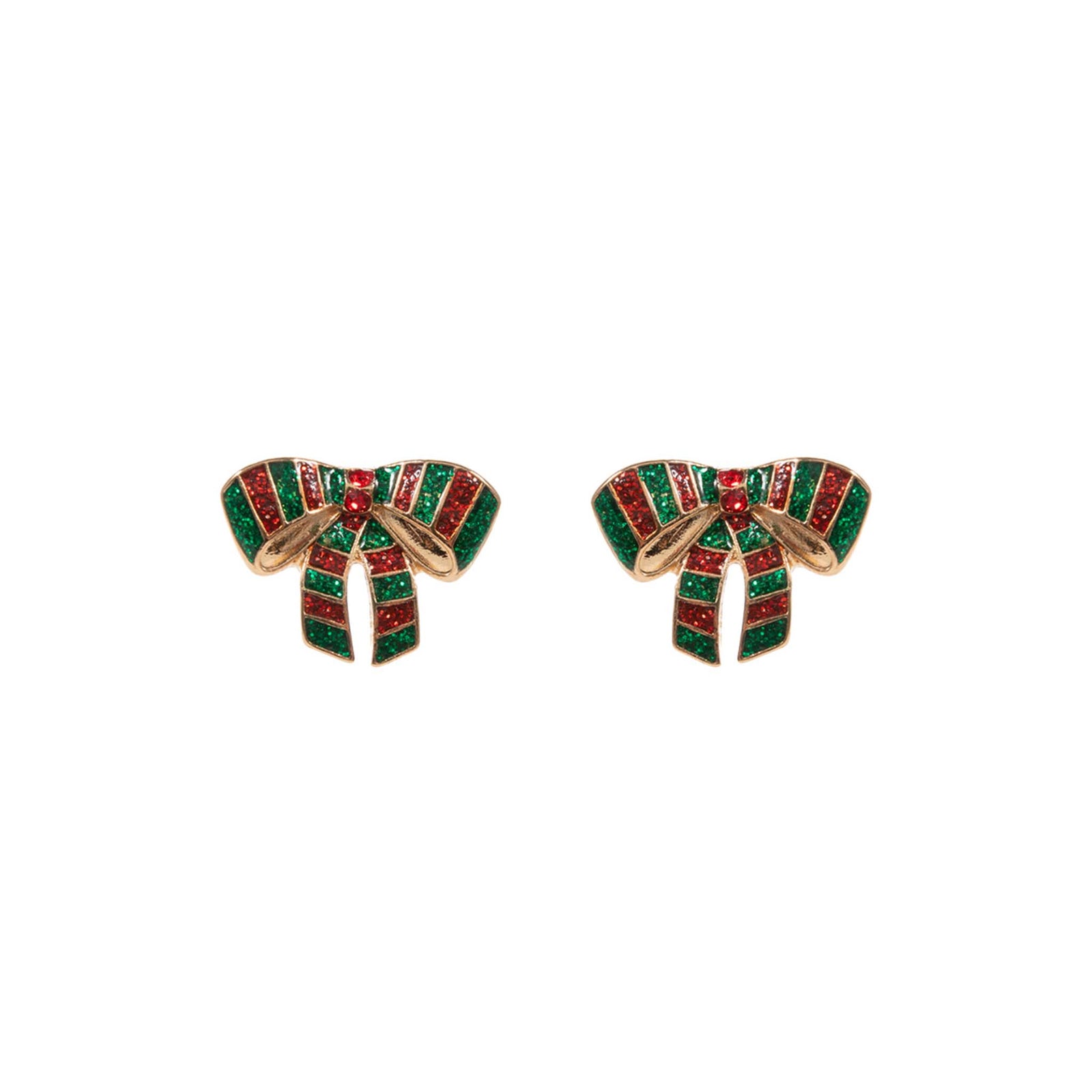 Bow-shaped earrings with red and green accents on a white background