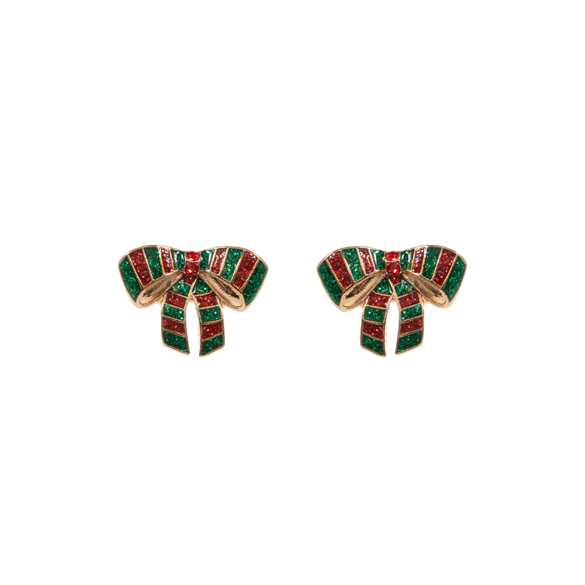 Bow-shaped earrings with red and green accents on a white background