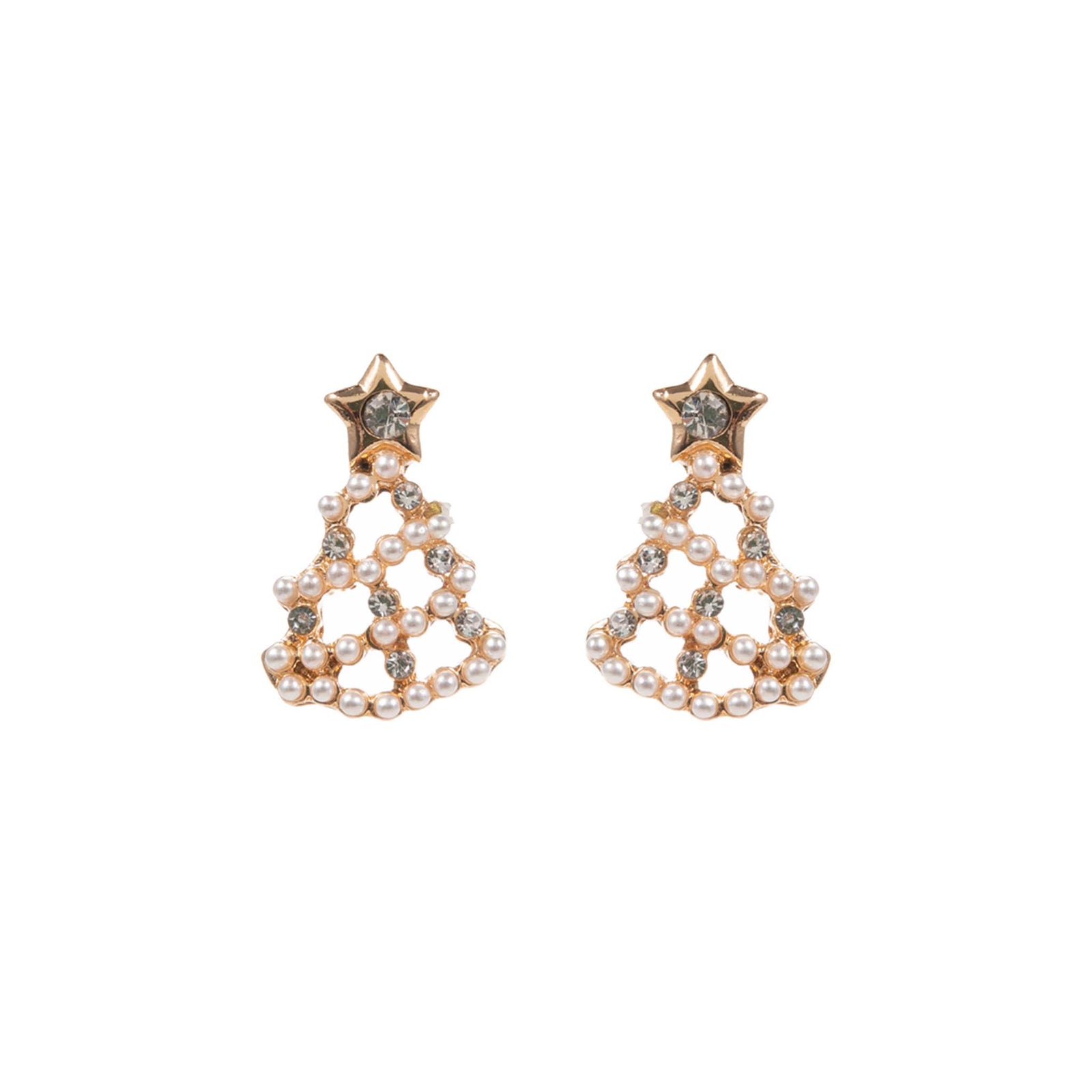 Pair of earrings with star and pearl design on a white background